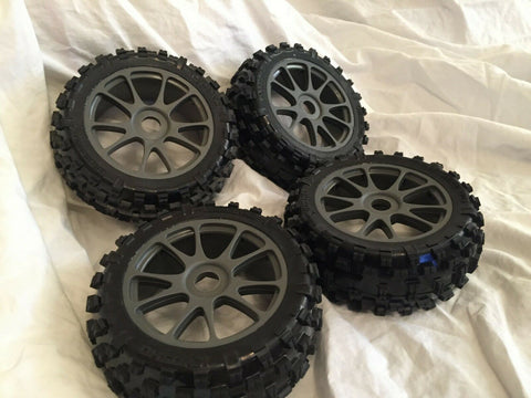 KYOSHO INFERNO NEO 3, NEO 2, MP7.5, 4 x GREY WHEELS + TYRES, 17mm HEX 8TH SCALE